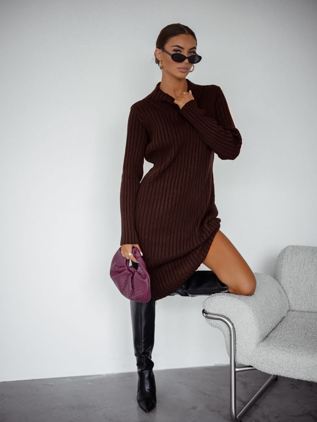 Sukienka Sweterkowa Brązowa Nella