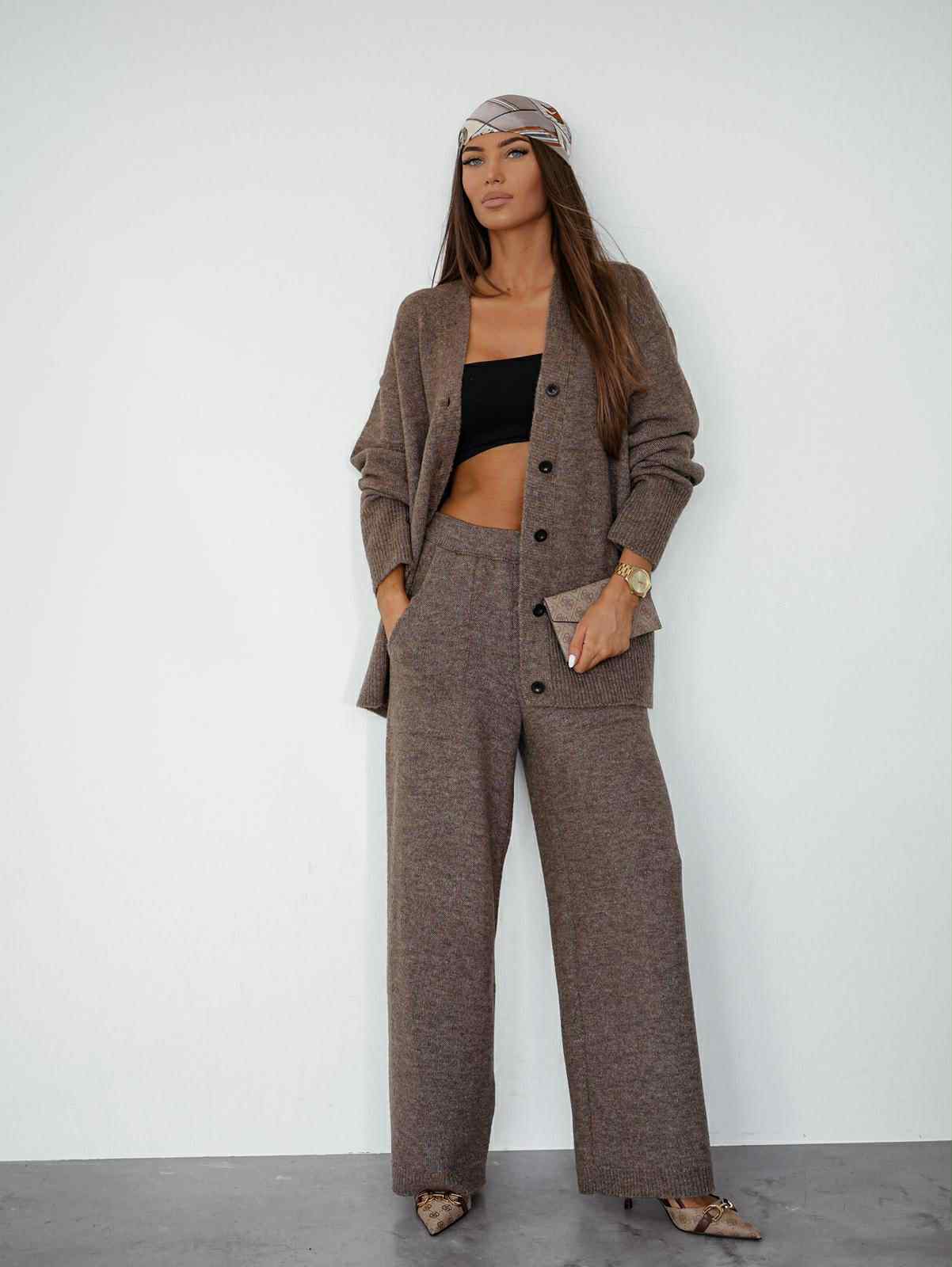 Komplet Sweterkowy Brązowy Saf