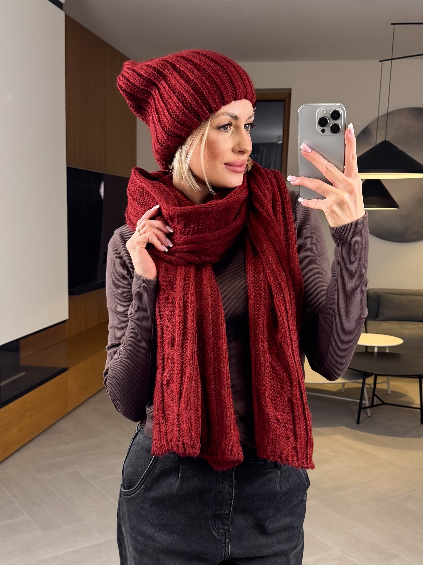 Komplet Czapka i Szalik Bordowy Harmony