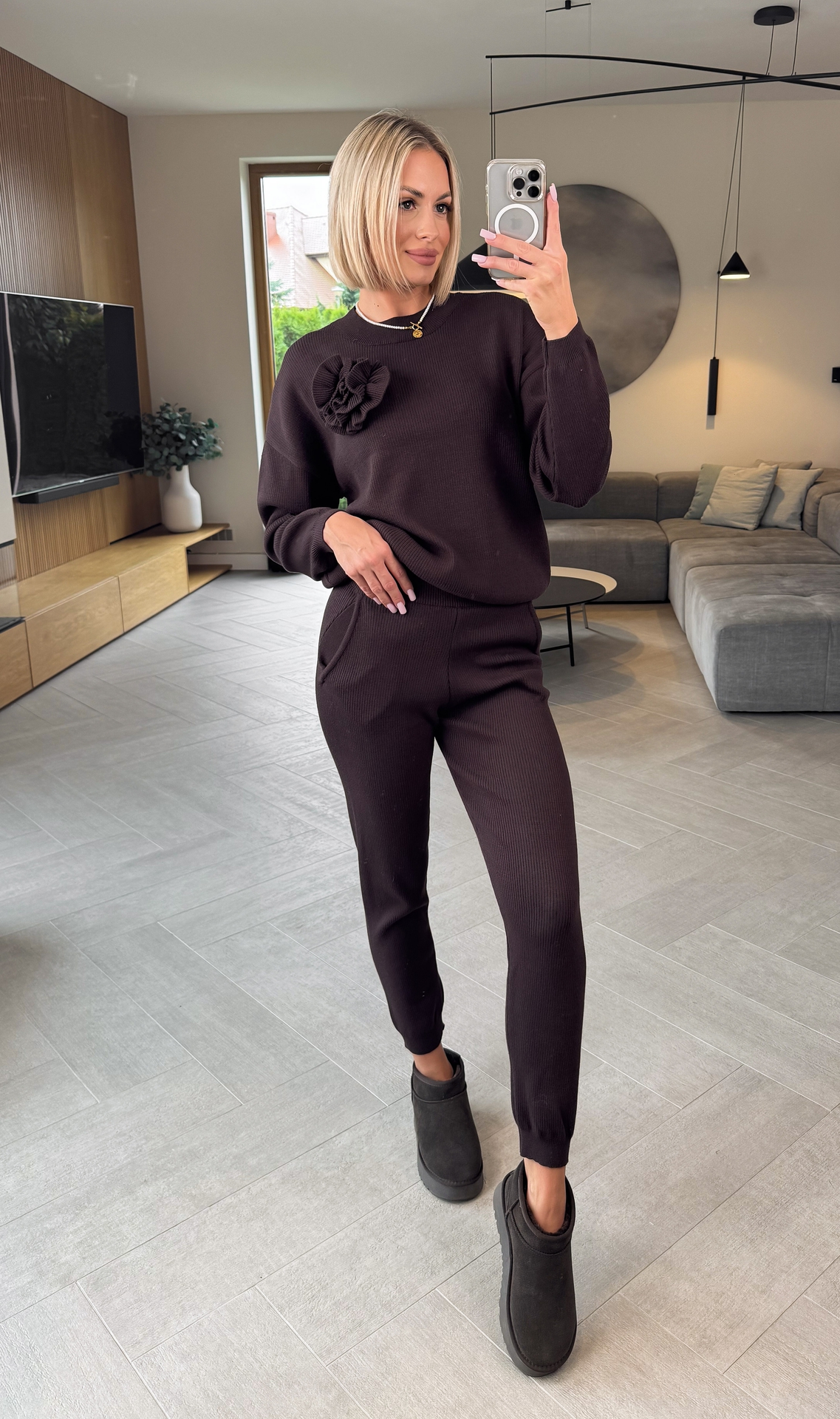 Komplet Sweterkowy Brązowy Tes