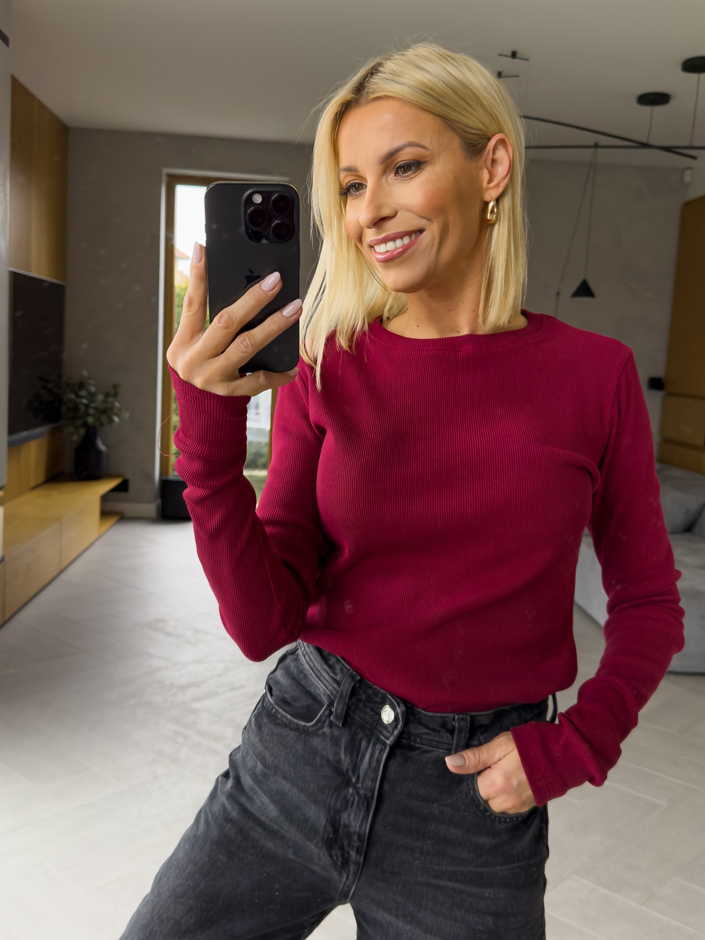 Bluzka Basic Prążkowana Bordowa