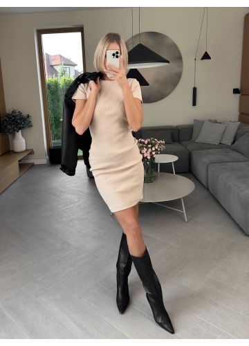 Sukienka Prążkowana Beżowa Basic