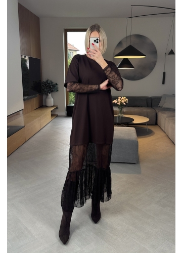 Sukienka Brązowa Maxi z Koronką