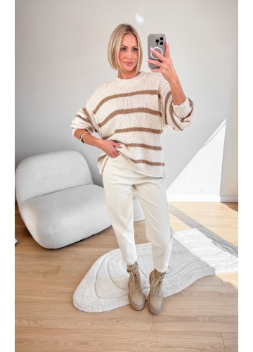 Sweter w Paski Kremowy Namo