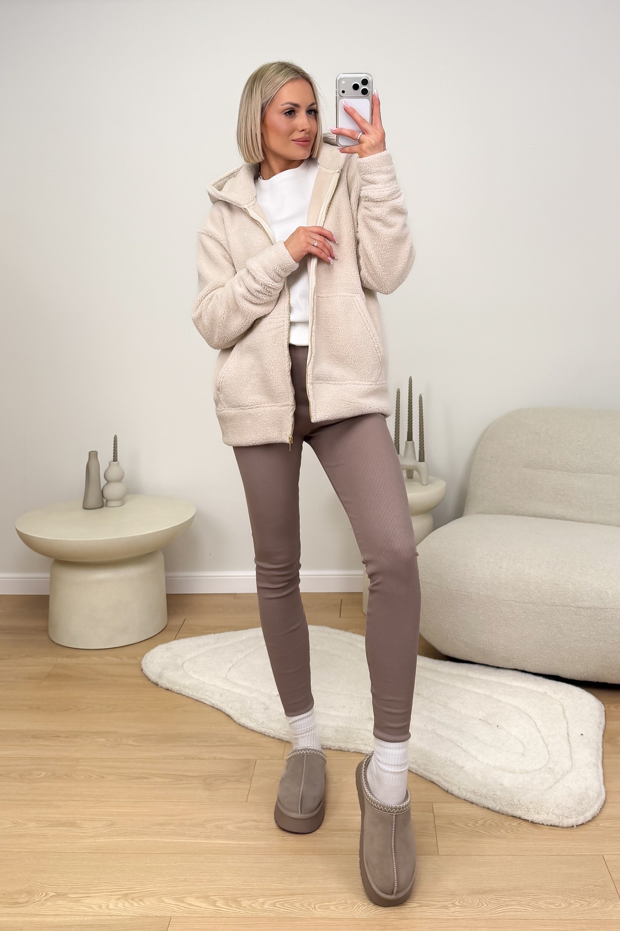 Bluza Baranek Hoodie Beżowa Zip 4