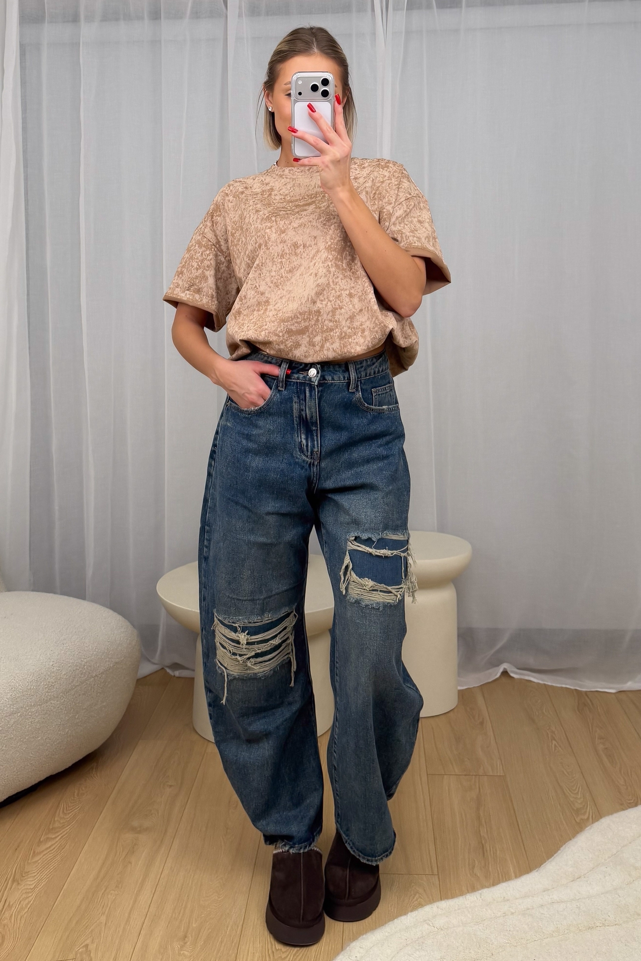 T-Shirt Oversize Kamelowy Sprany 2