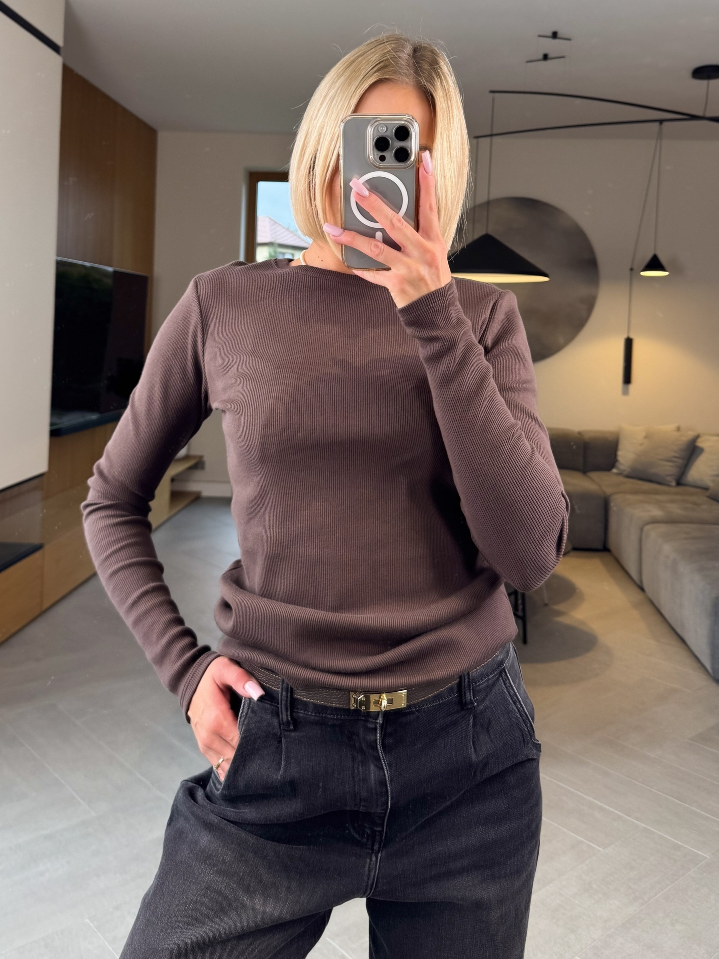 Bluzka Basic Prążkowana Brązowa 1