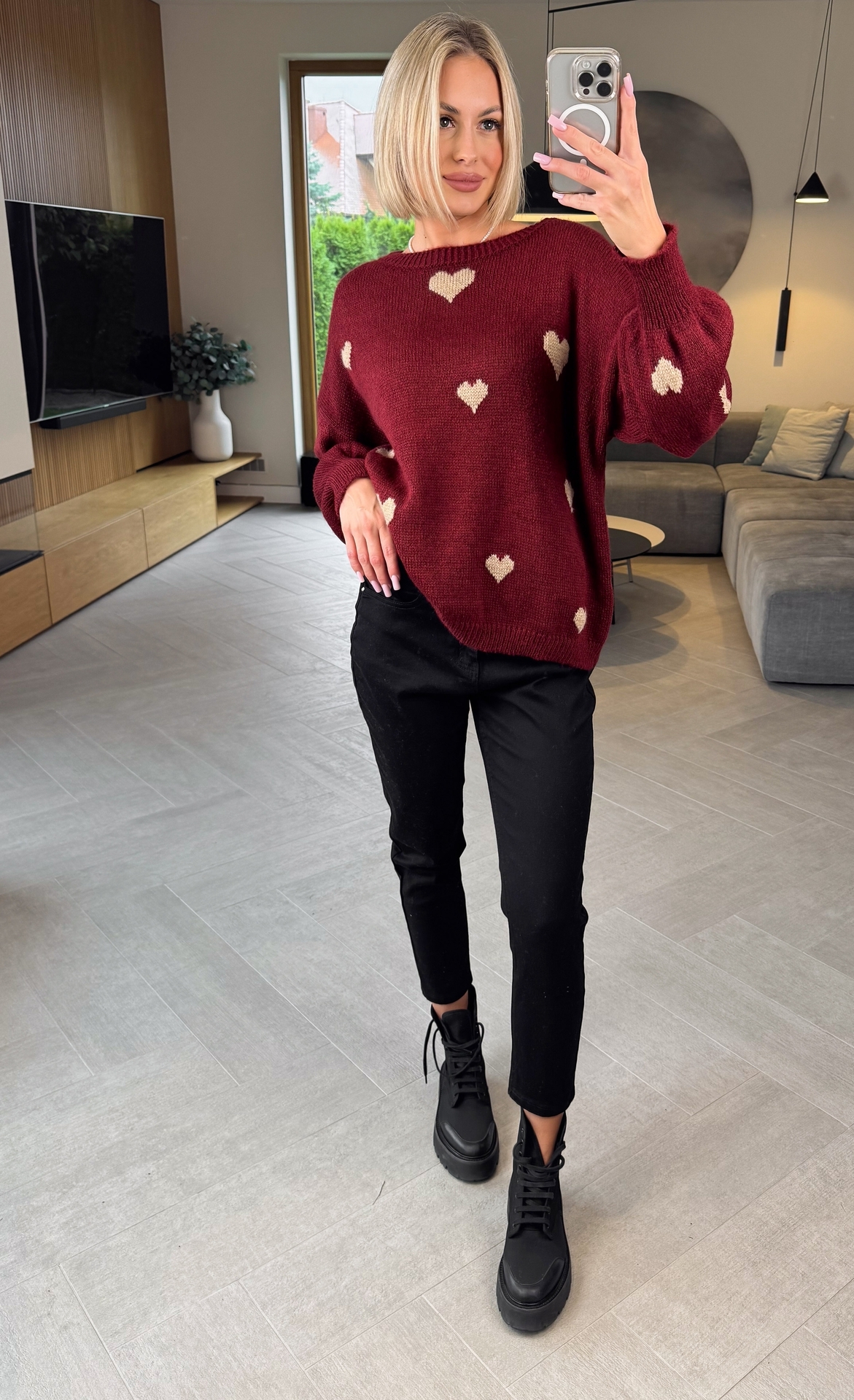 Sweter Bordowy w Serca 2