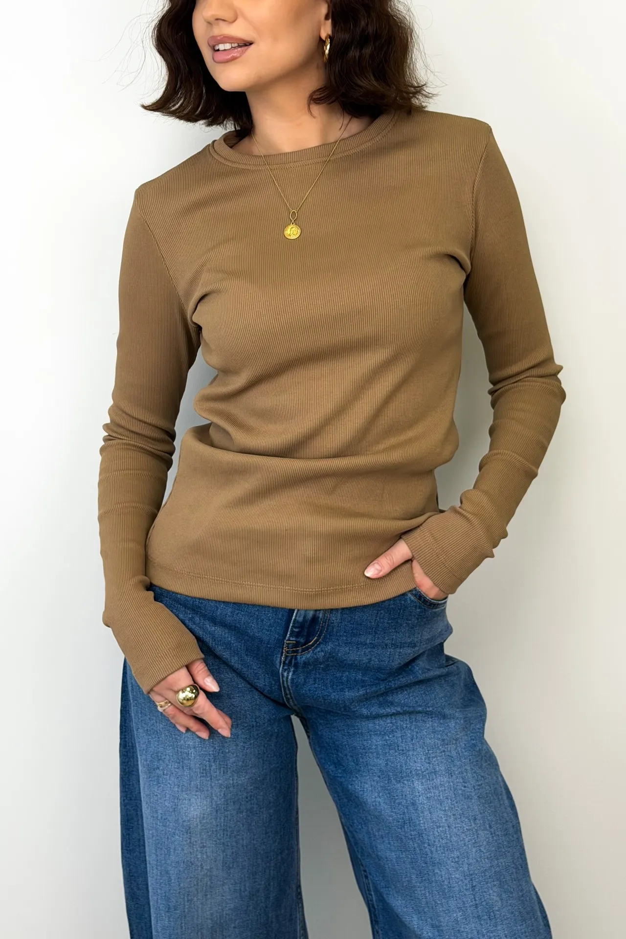 Bluzka Basic Prążkowana Mocca 1