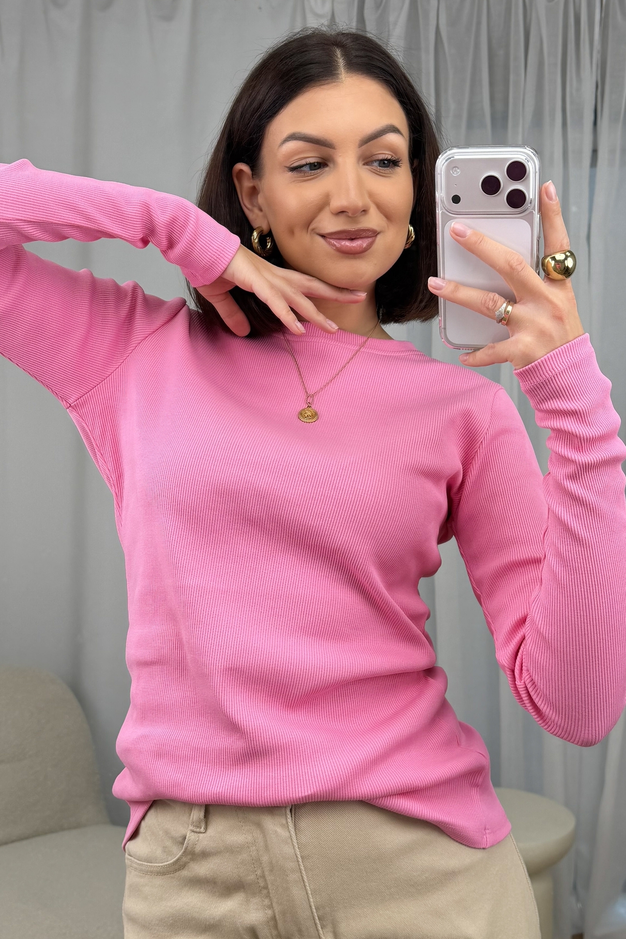 Bluzka Basic Prążkowana Różowa 2