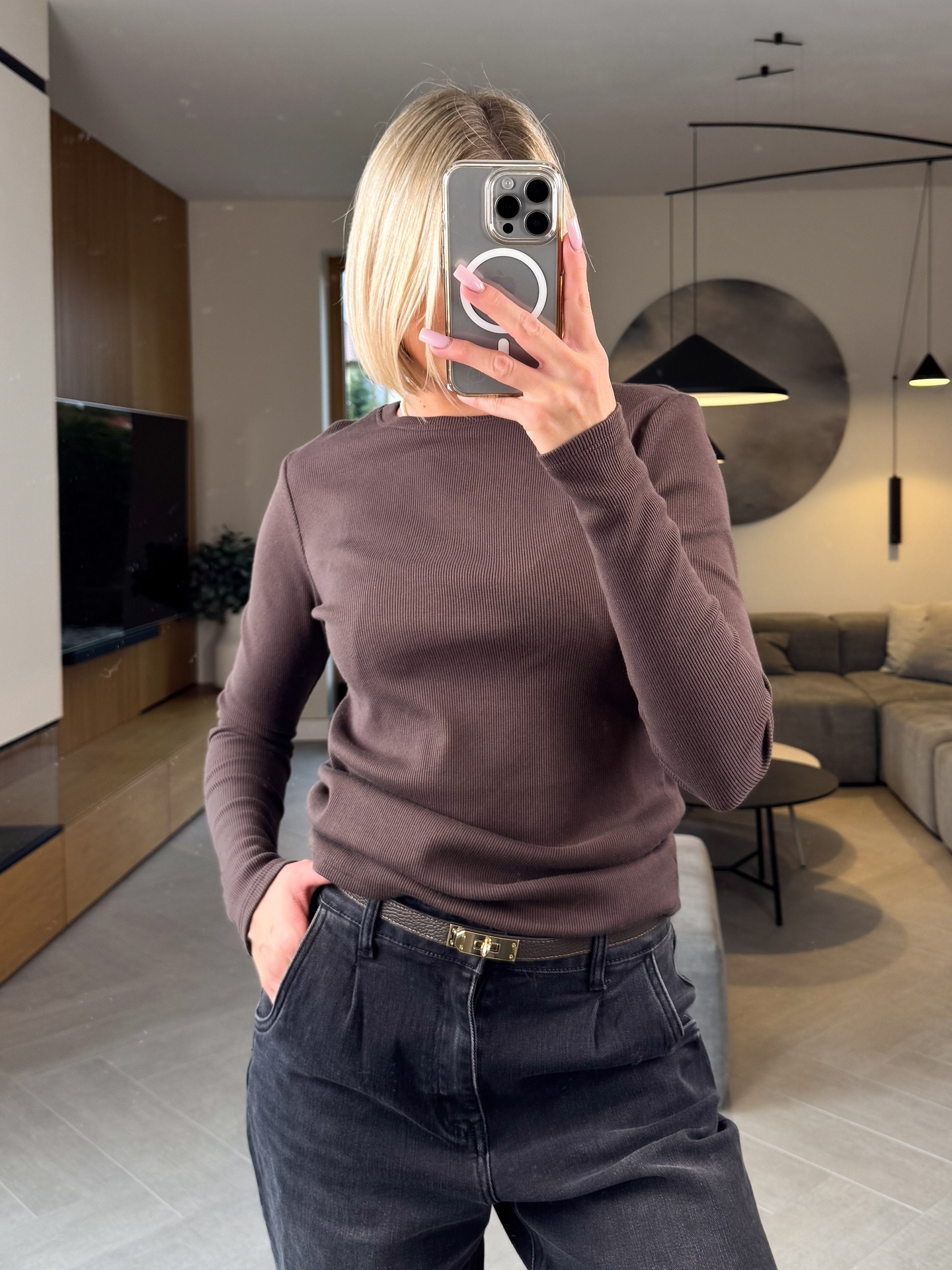 Bluzka Basic Prążkowana Brązowa 5