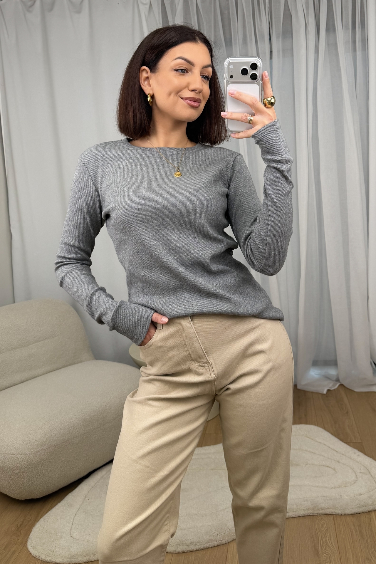 Bluzka Basic Prążkowana Ciemny Melange 1