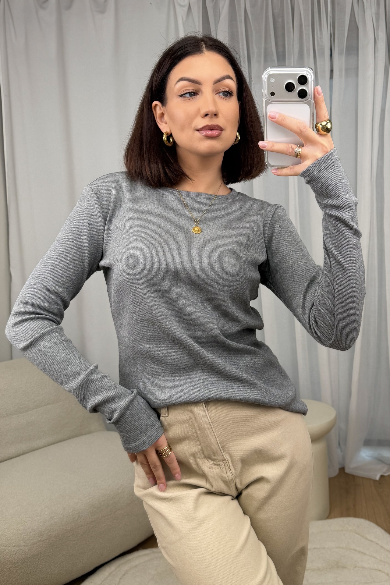 Bluzka Basic Prążkowana Ciemny Melange 4