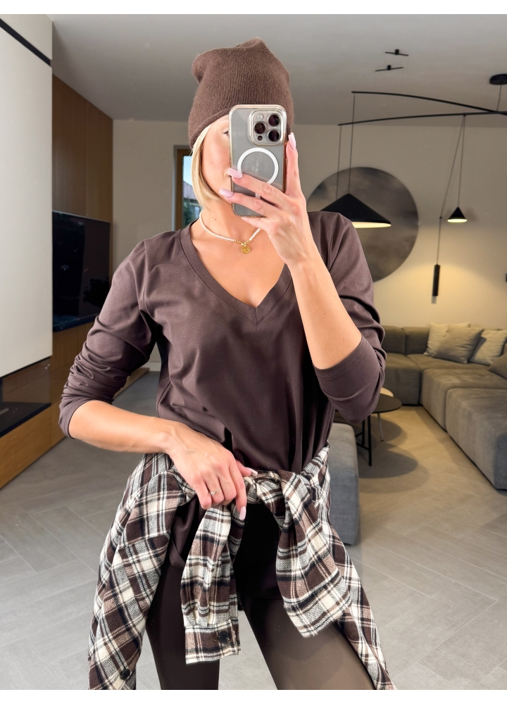 Bluzka Basic V-Line Czekoladowa