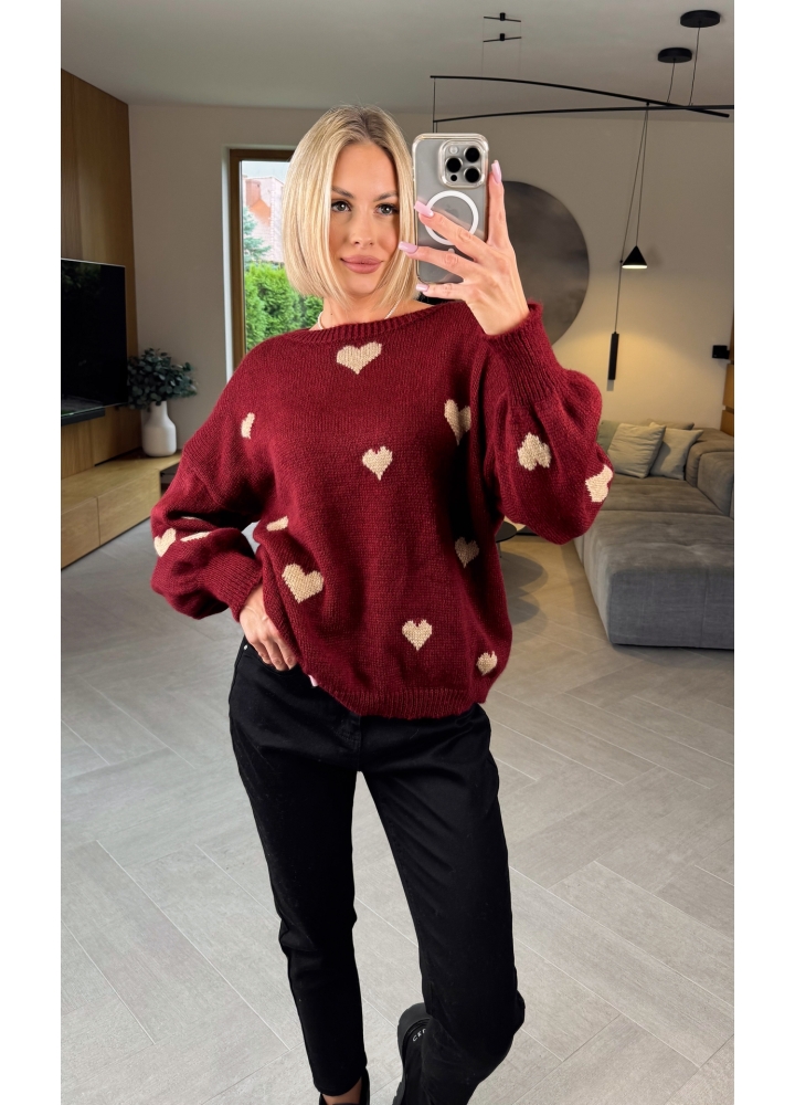 Sweter Bordowy w Serca